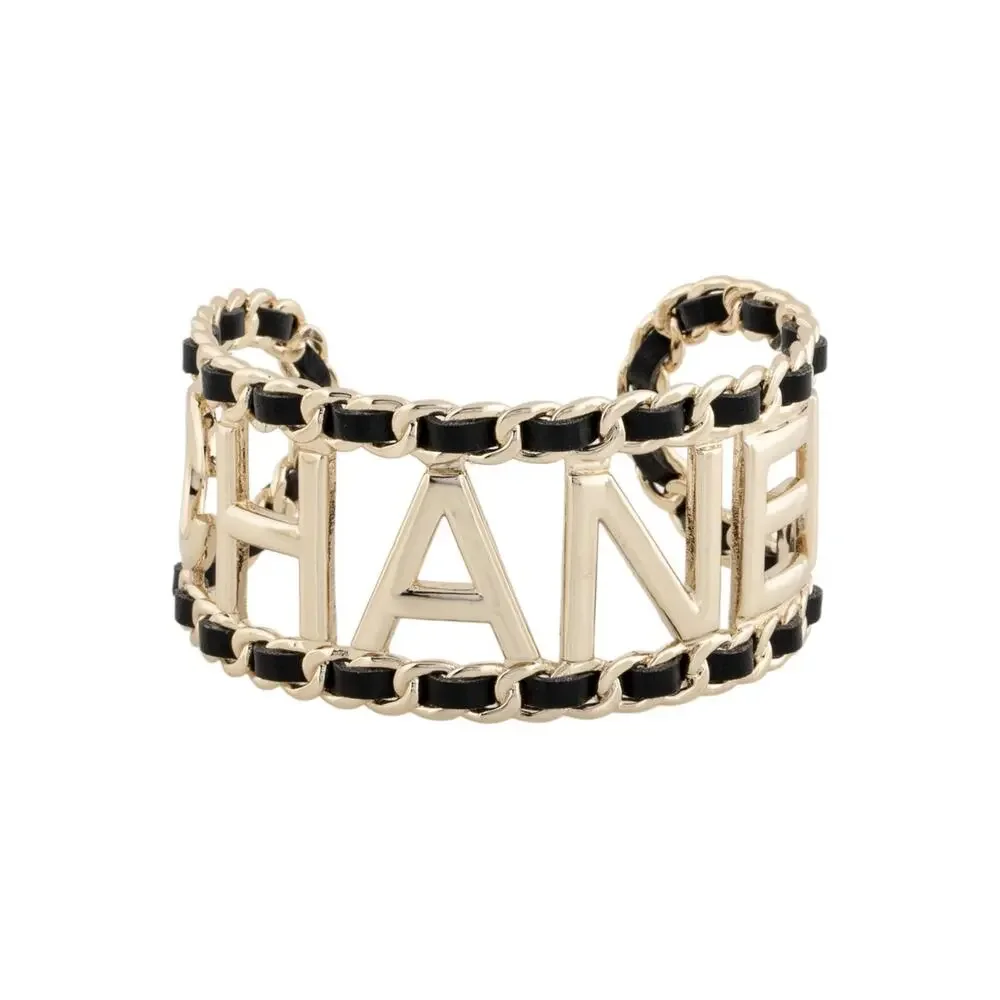 Chanel Gold-tone Leather 'CHANEL' Cuff Bracelet